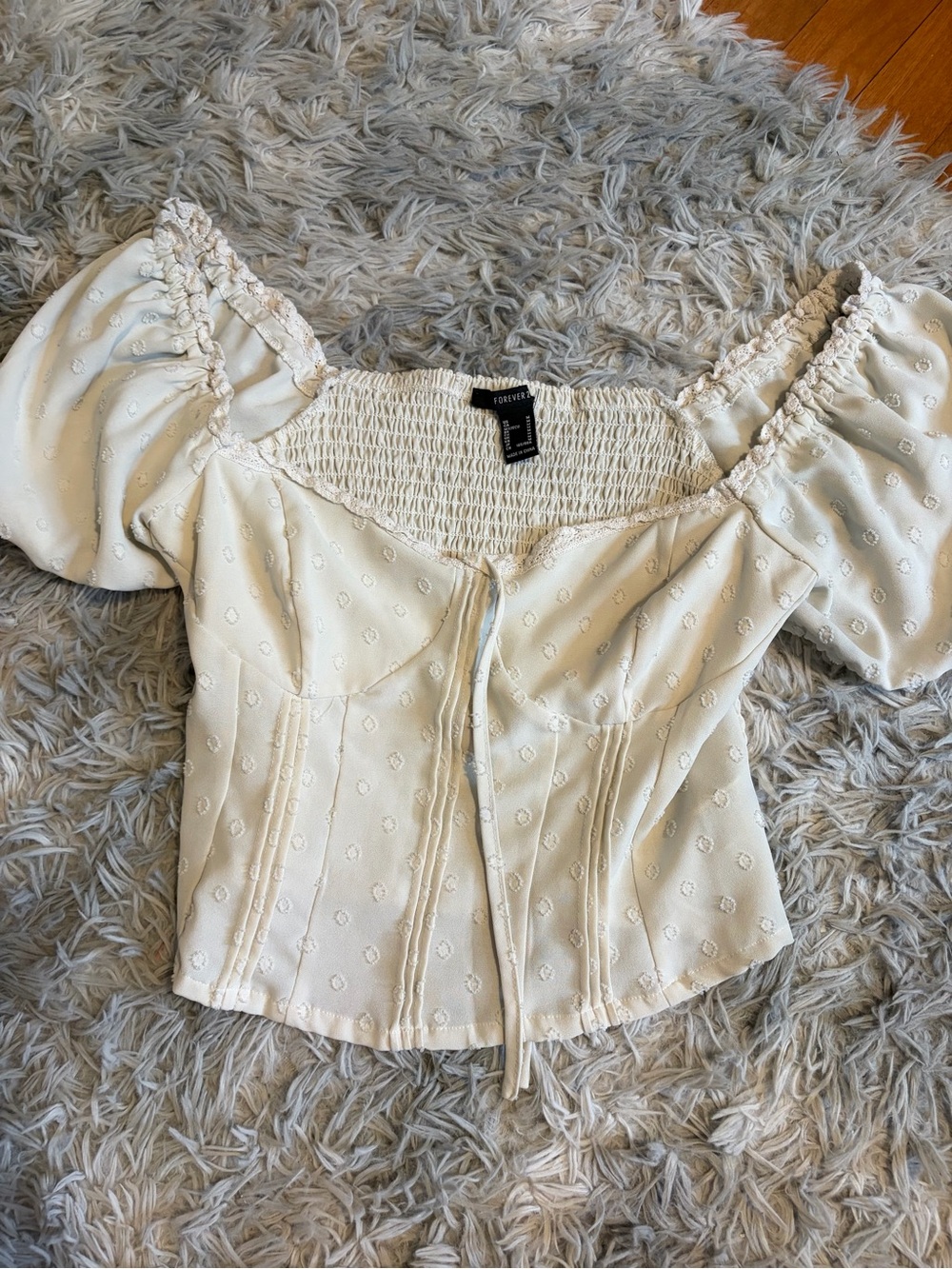 Forever 21 Cream Puff-Sleeve Smocked Corset Top